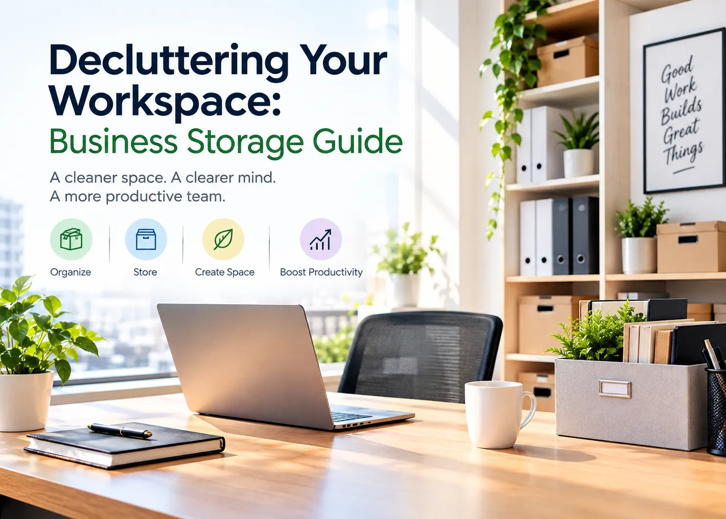 A clean, modern office workspace featuring organized storage shelves, labeled boxes, a laptop, notebooks, plants, and desk organizers, illustrating practical business storage solutions, workplace decluttering, efficient space management, improved organization, and a more productive professional environment for modern businesses today.